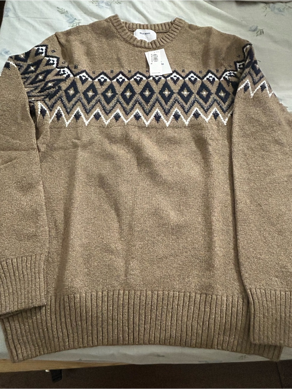 Old Navy Tan Crewneck Sweater with Navy and White Fair Isle Yoke